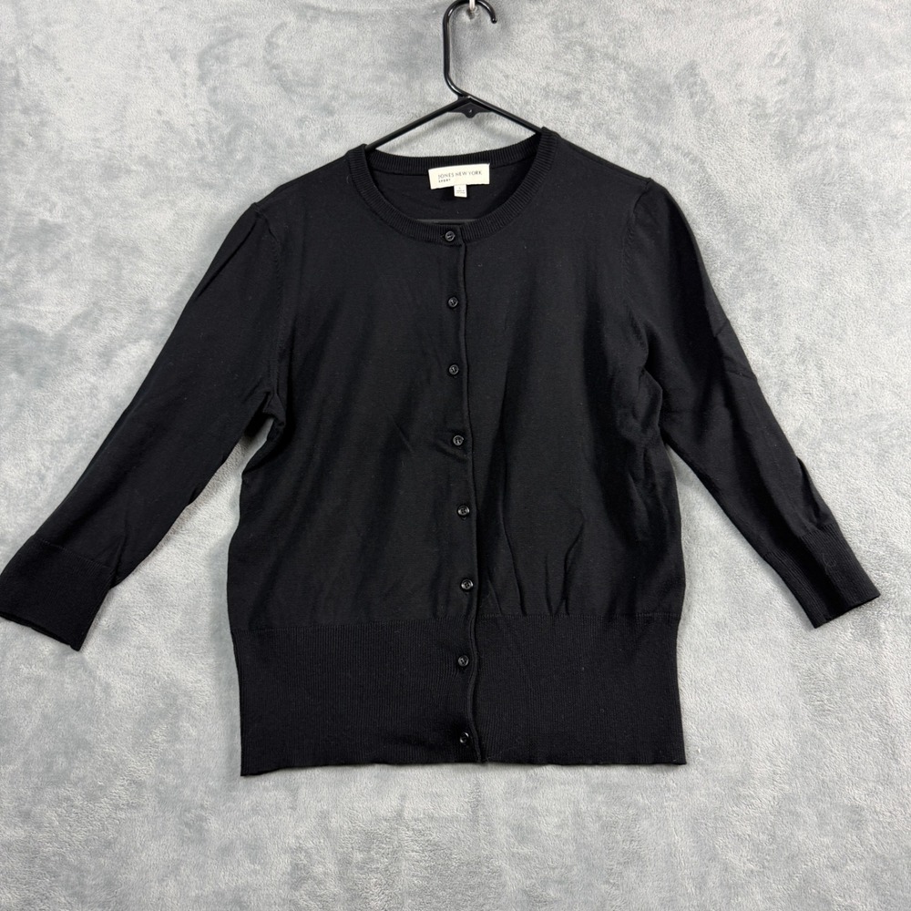 Jones New York Womens L Black Cardigan Button Up 3/4 Sleeve Office Siren Knit